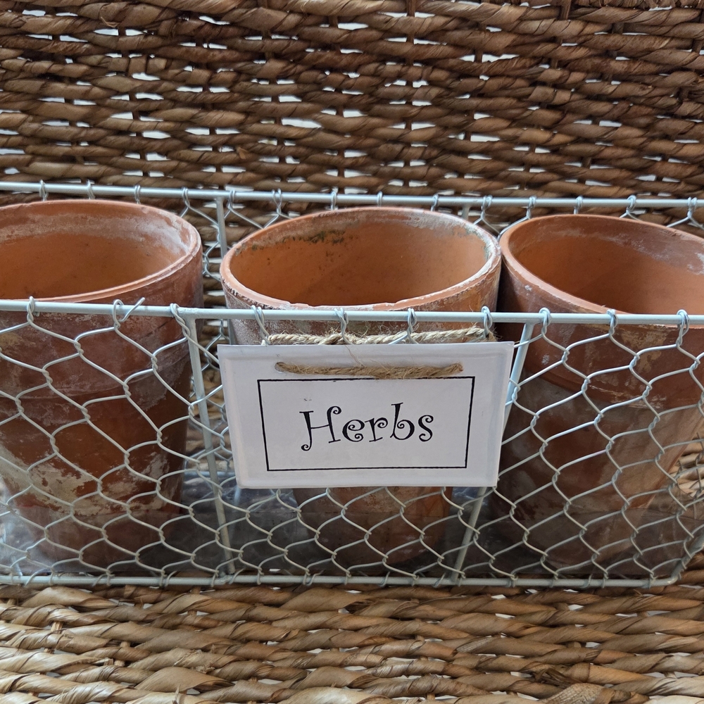 Terracotta Herb Planter Trio with Wire Basket - Natural Brown